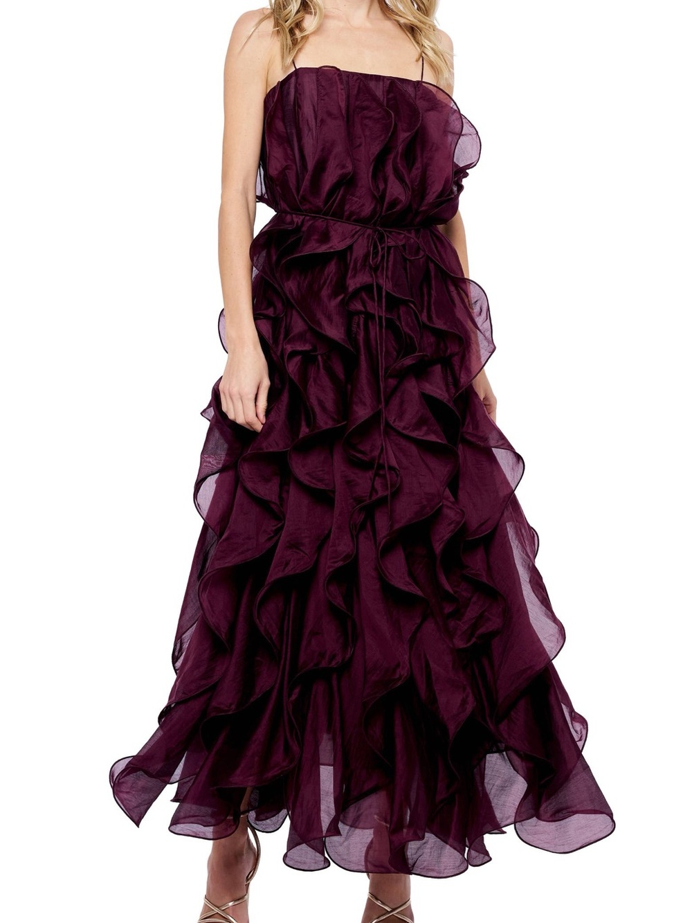 Ciebon | Strapless Ruffle Tiered Maxi Dress in Deep Plum - Size XS